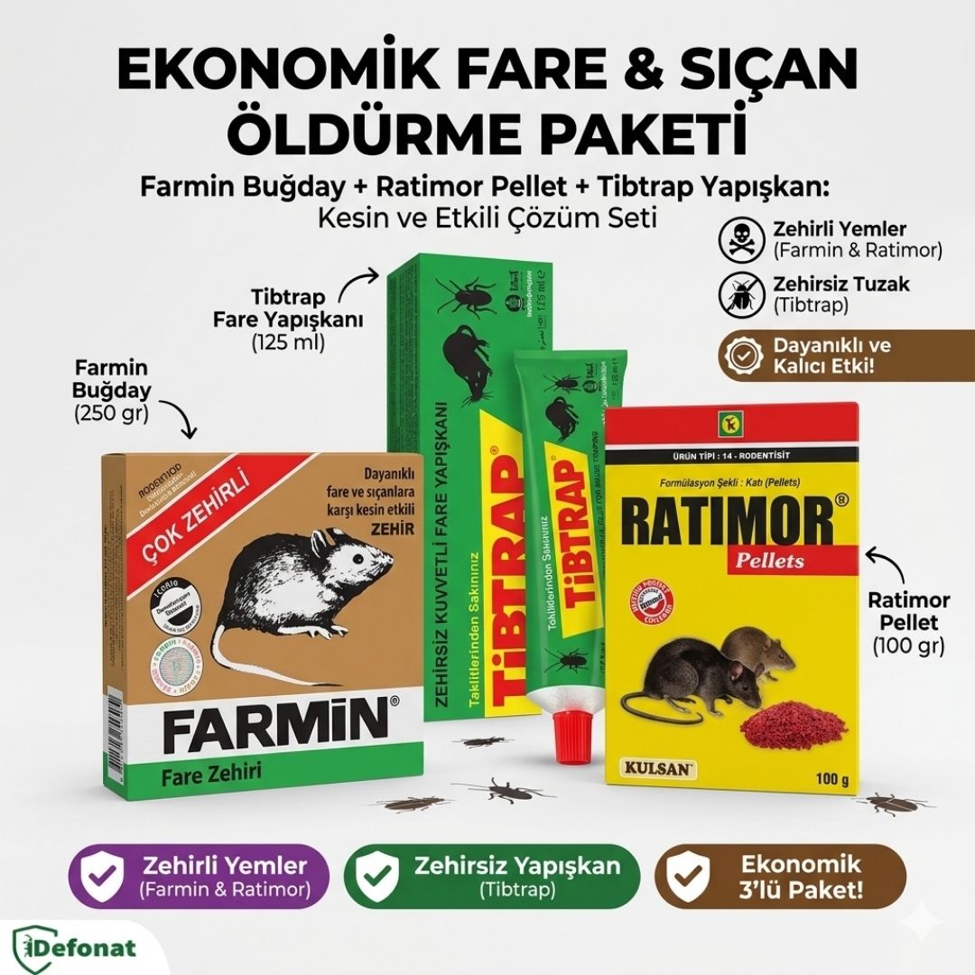Ekonomik Fare & Sıçan Öldürme Paketi – Farmin Buğday Yem + Ratimor Pellet + Tibtrap Yapışkan Tuzak
