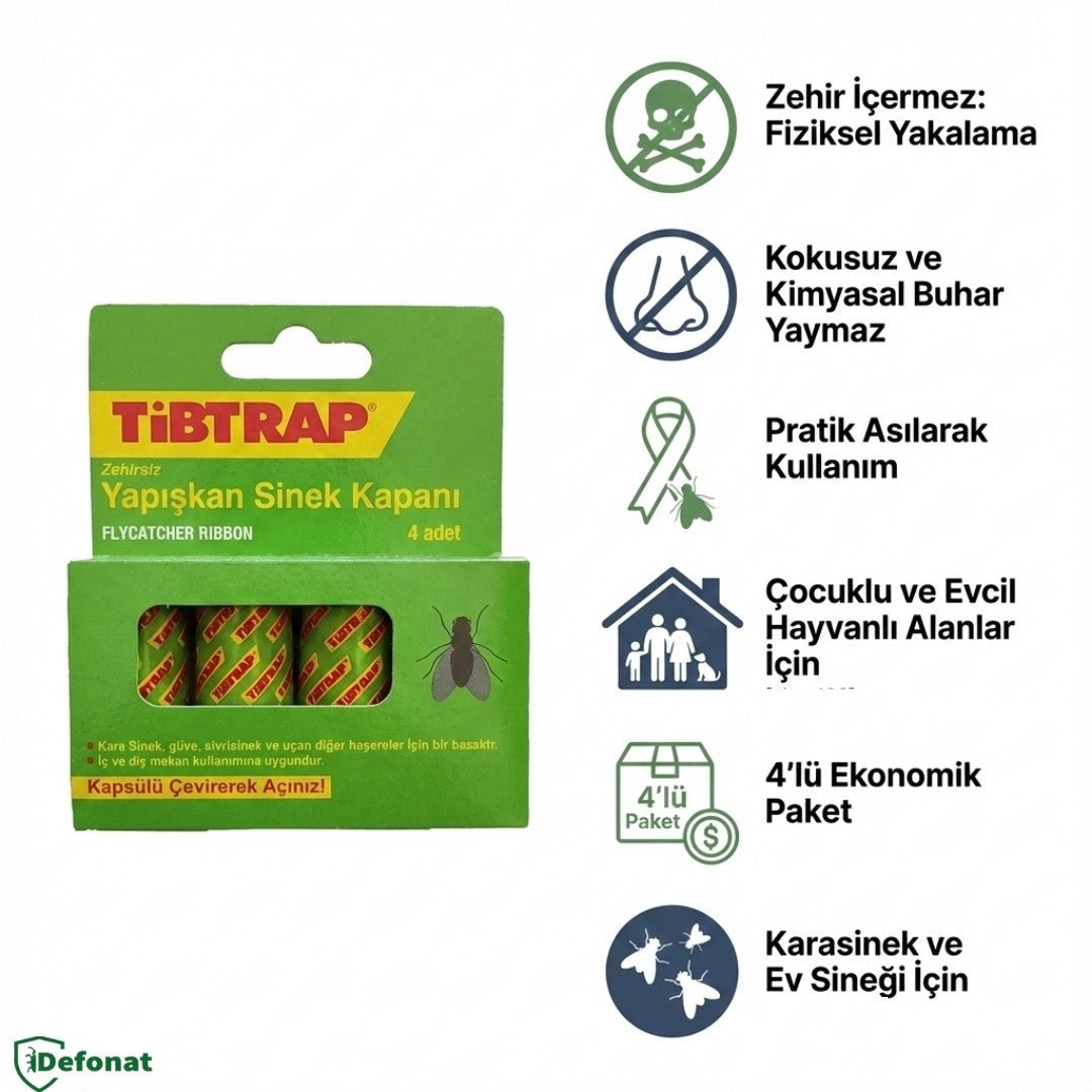 Tibtrab Sinek Bandı 4’lü – Zehirsiz Karasinek ve Ev Sineği Tuzağı - Defonat
