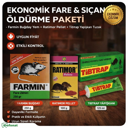 Ekonomik Fare & Sıçan Öldürme Paketi – Farmin Buğday Yem + Ratimor Pellet + Tibtrap Yapışkan Tuzak
