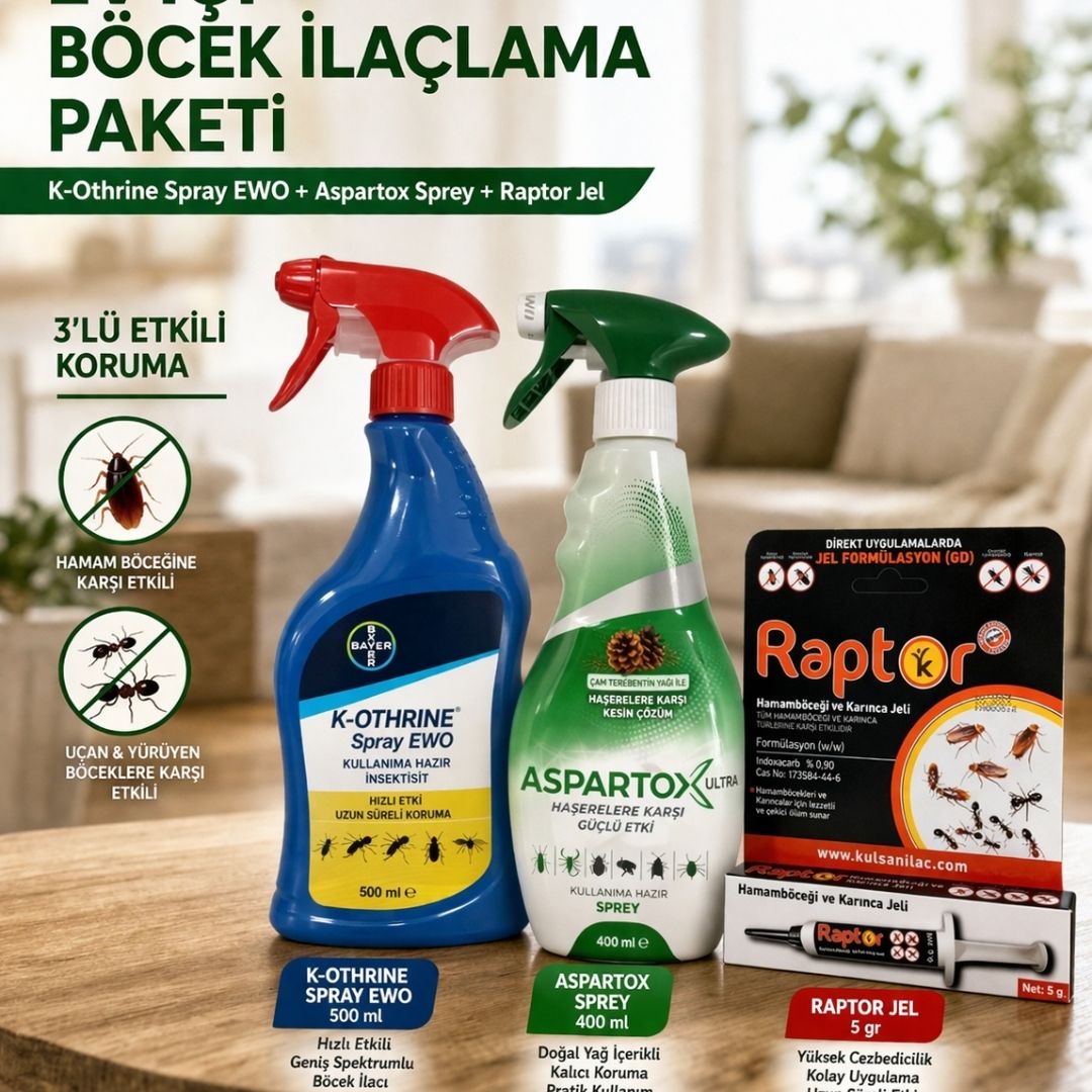 Ev İçi Böcek İlaçlama Paketi – K-Othrine Spray EWO + Aspartox Sprey + Raptor Jel
