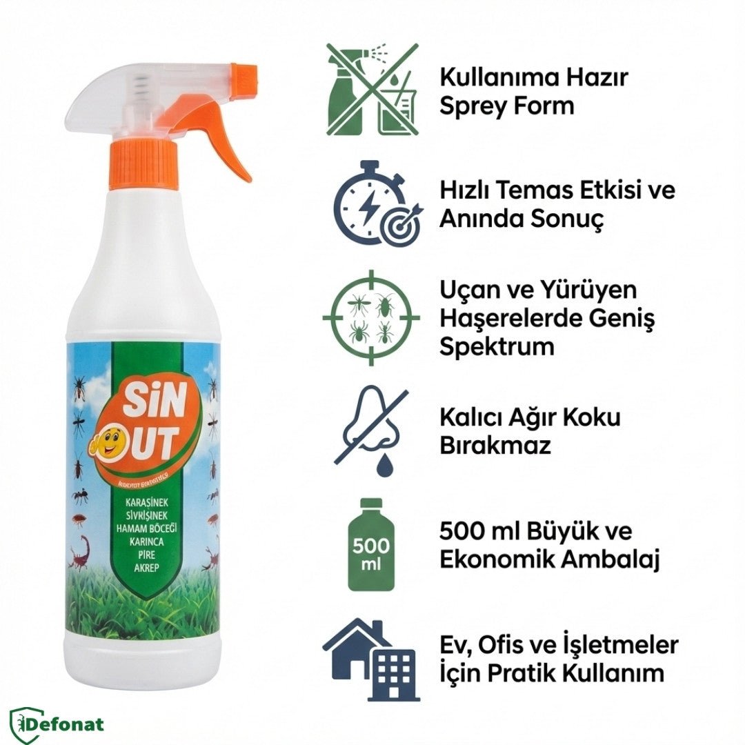 Sin Out İnsektisit Sprey 500 ml – Uçan ve Yürüyen Haşereler İçin - Defonat